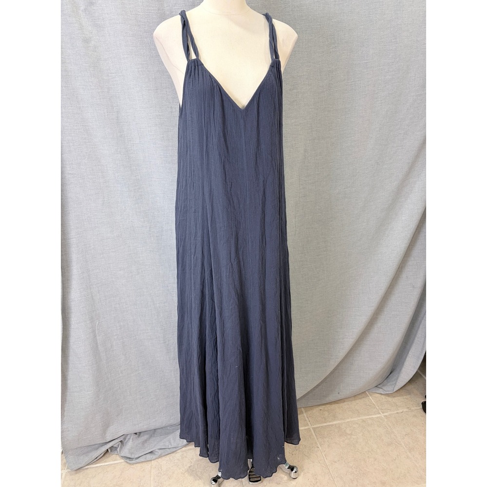 Garnet Hill Maxi Dress XL Navy Cotton Crinkle Twisted Strap V Neck Coastal Boho